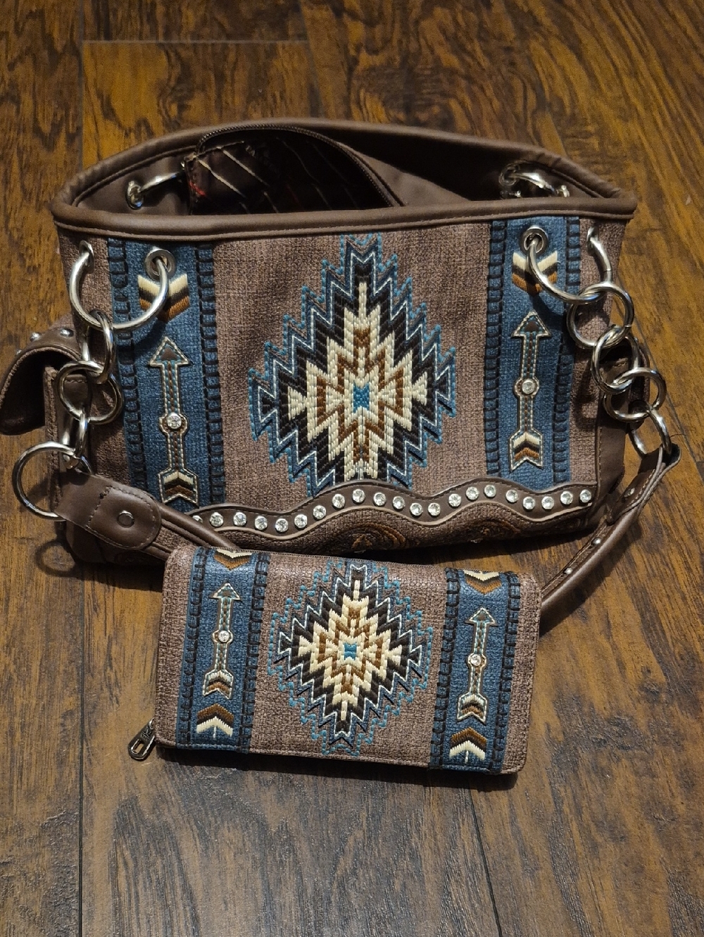 Montana West Brown Embroidered Aztec Satchel with Wallet